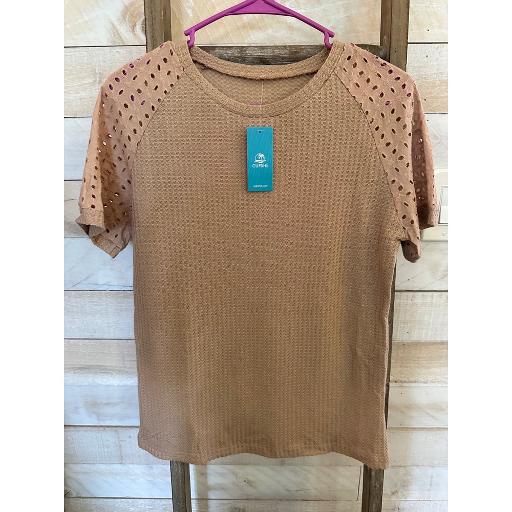 Cupshe Tan Waffle Knit Eyelet Raglan Sleeve Top Small CAA04C3M008HH